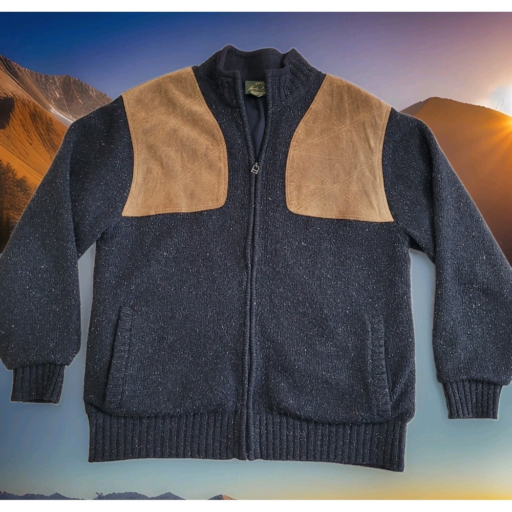 🦌Orvis Sweater Men Med Speckled Wool Cashmere Hunting Shooting Jacket w/Patches